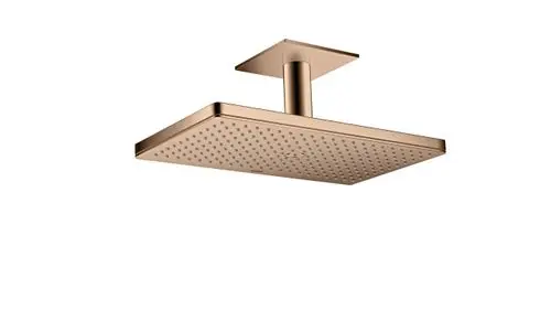 Kopfbrause von AXOR mit dezentralem Deckenanschluss aus poliertem Rotgold, quadratischem Design und Düsenmuster für gezielte Wasserverteilung.